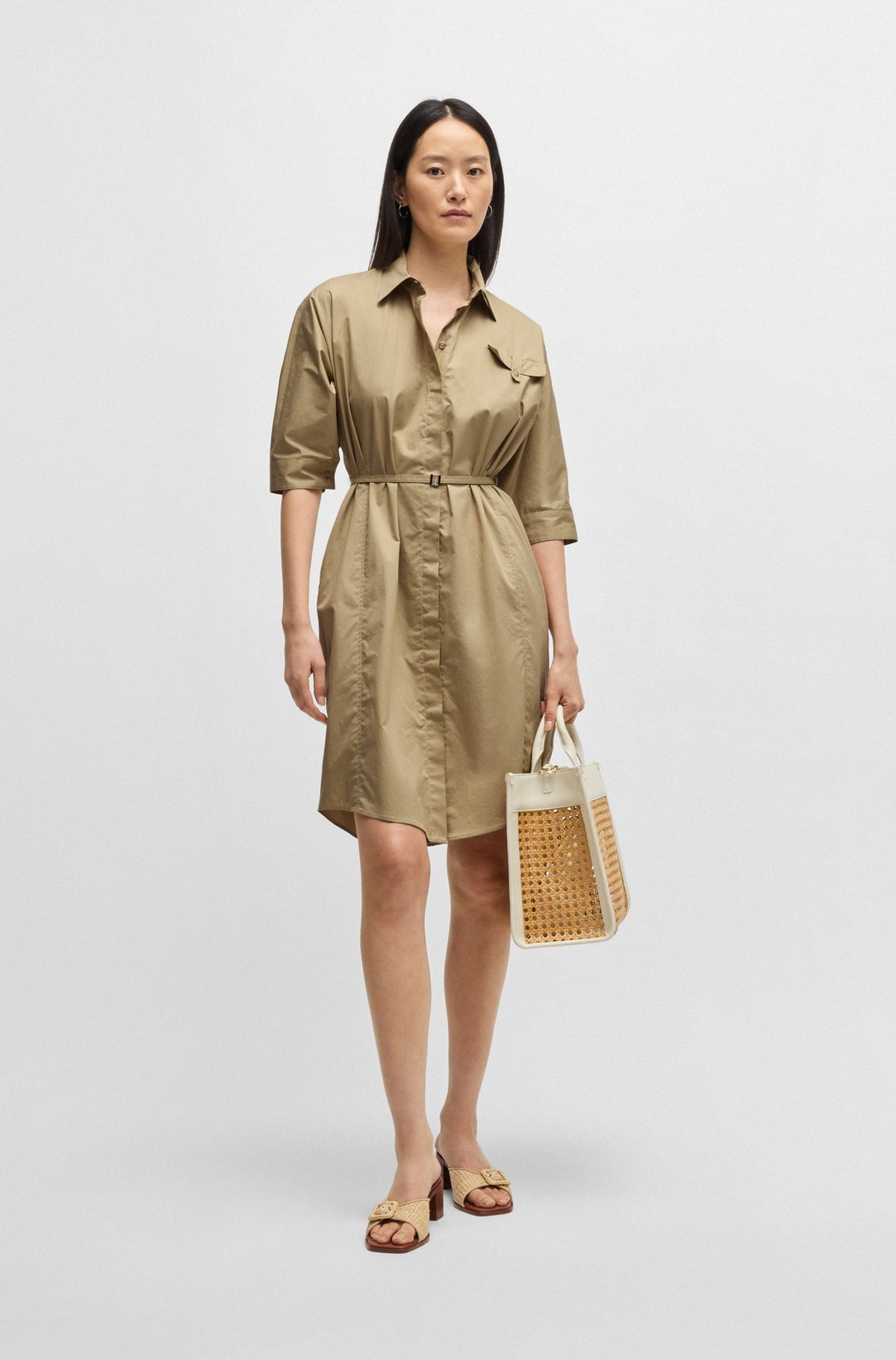 Vestido camiseiro de ajuste descontraído em algodão elástico - BOSS