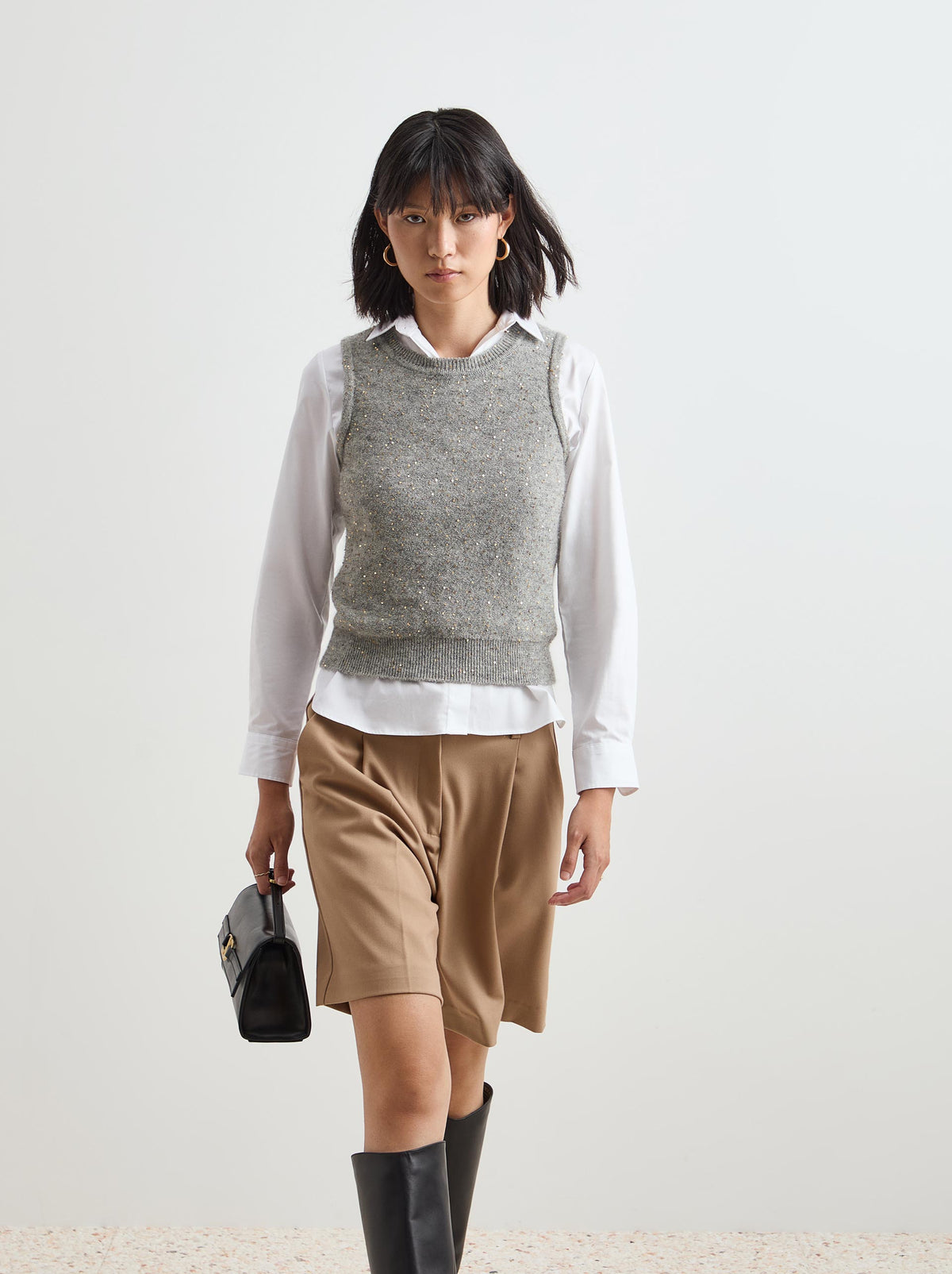 Colete de Malha Tricotada com Lantejoulas Douradas