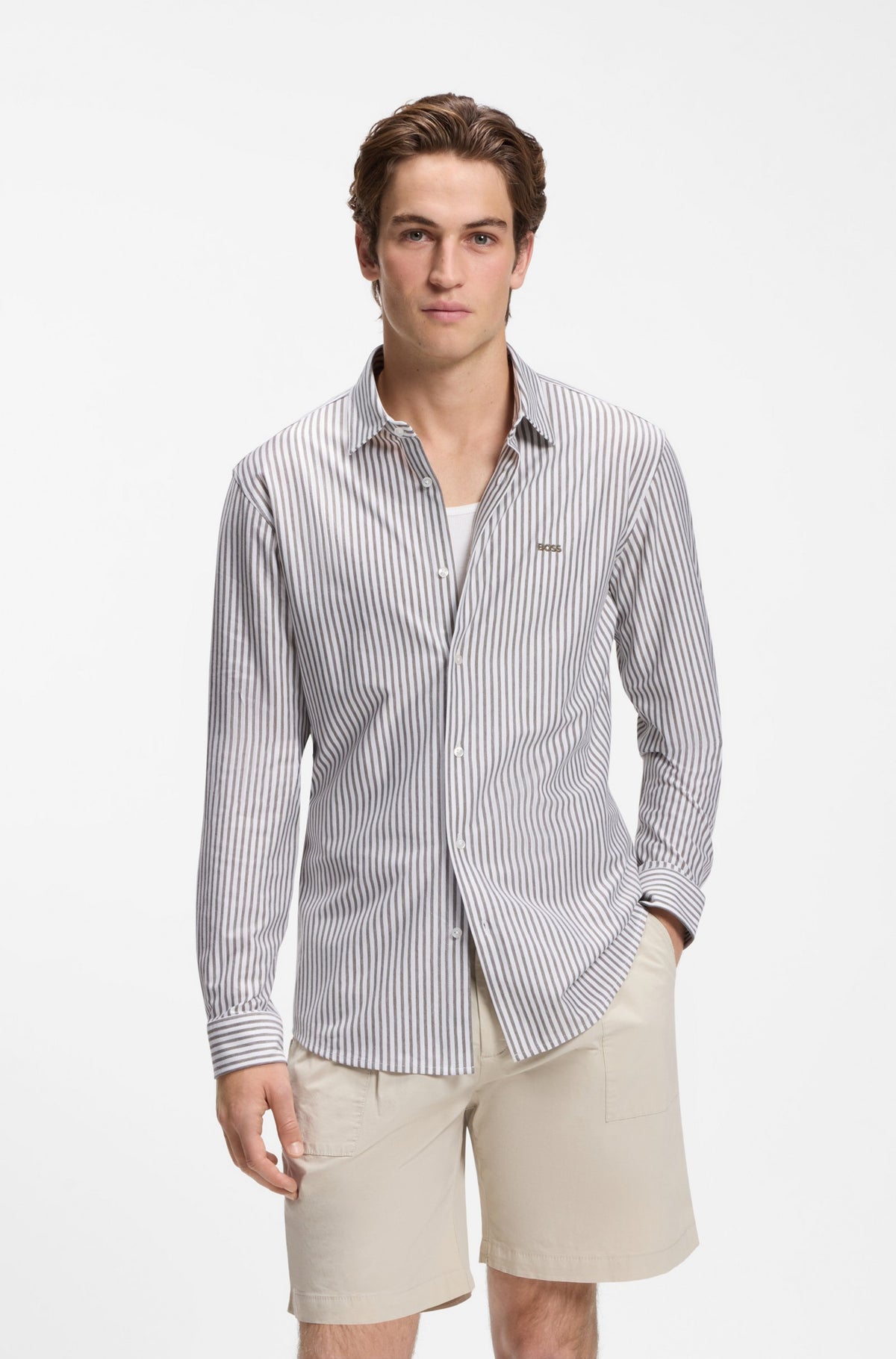 Camisa de ajuste slim em jersey de mistura de algodão