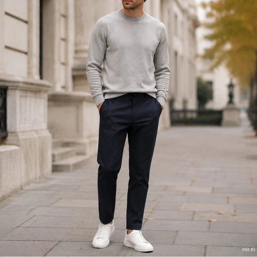 Calças tapered-fit em azul-escuro com elasticidade confortável