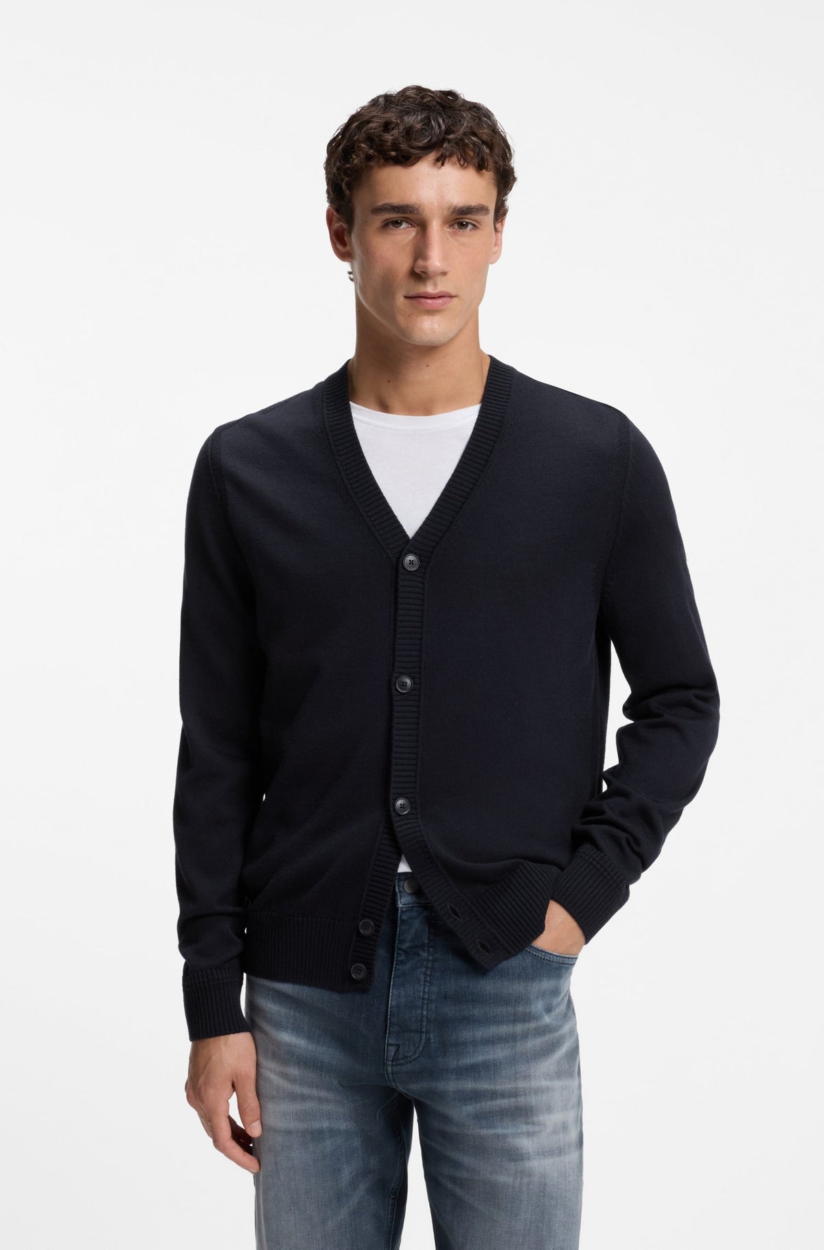 Cardigan com gola em V confeccionado em mistura de lã virgem