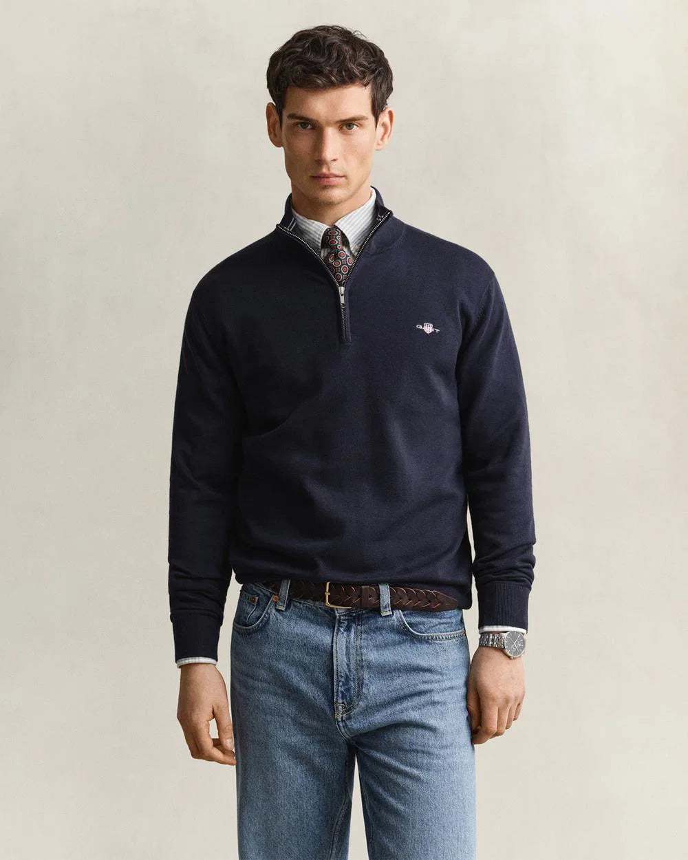 Camisola de malha em algodão com meio fecho Casual