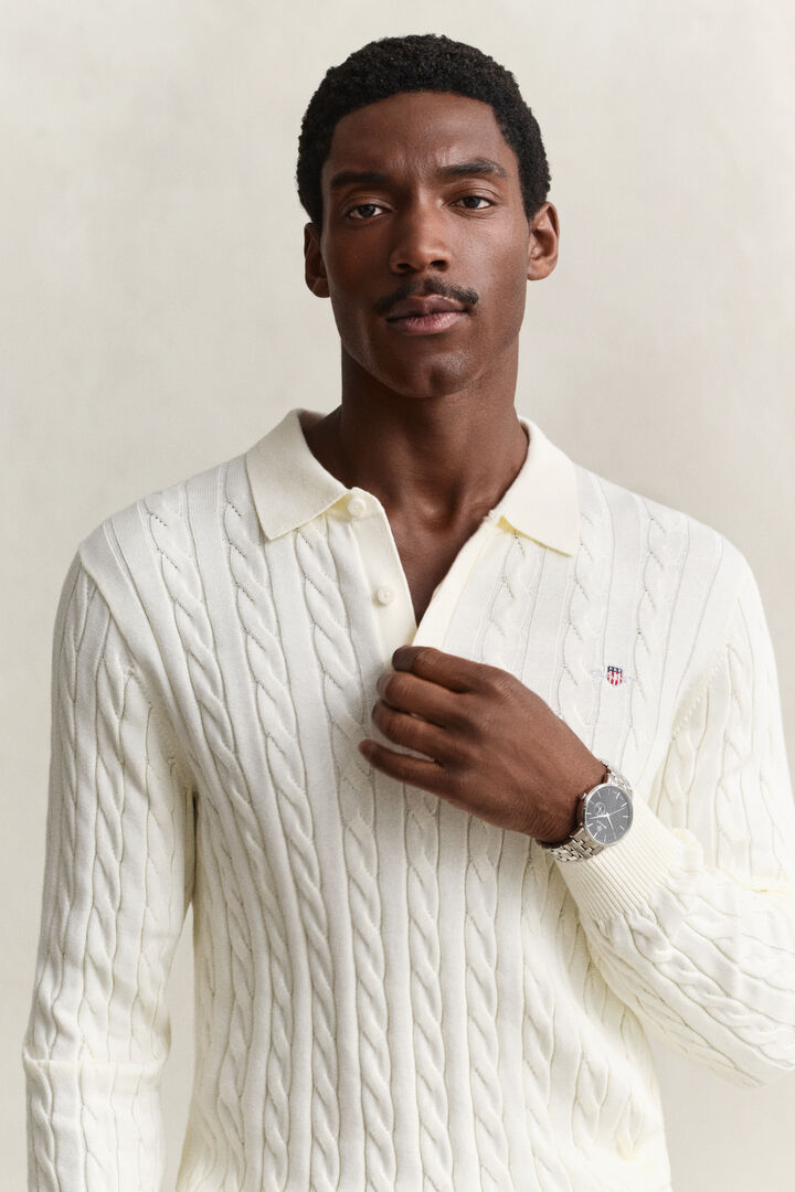 Camisola de malha tipo polo em malha entrançada de algodão