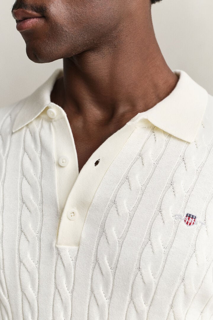Camisola de malha tipo polo em malha entrançada de algodão