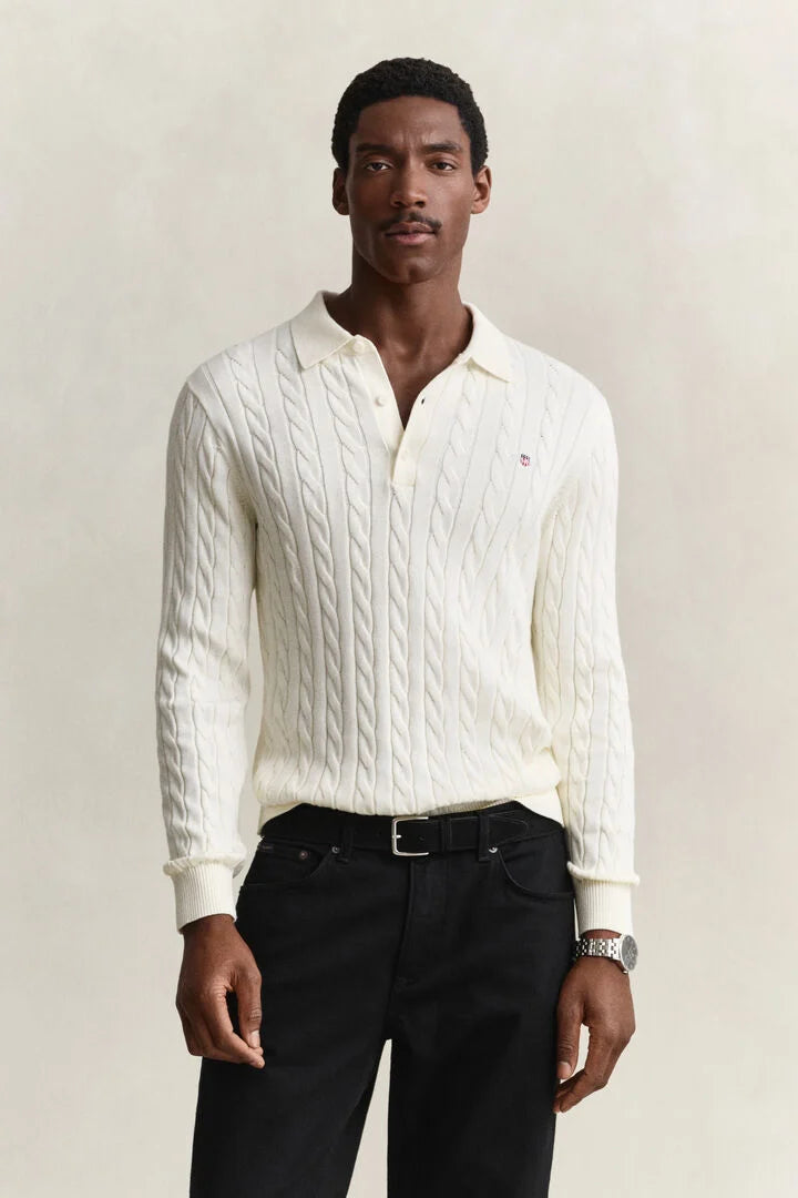 Camisola de malha tipo polo em malha entrançada de algodão
