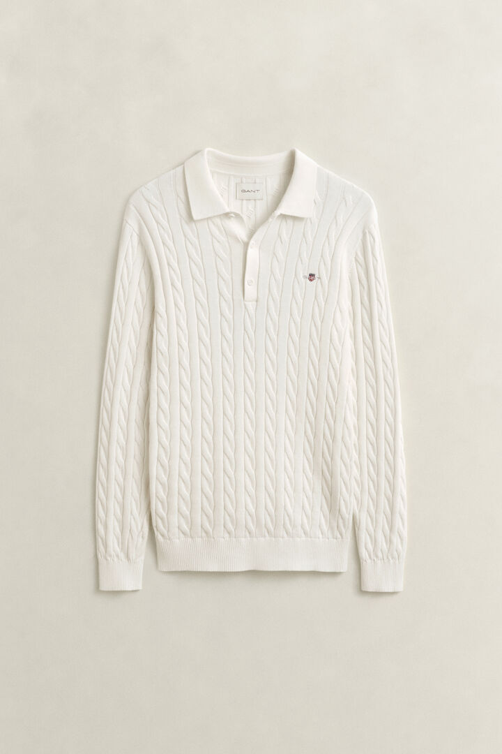 Camisola de malha tipo polo em malha entrançada de algodão
