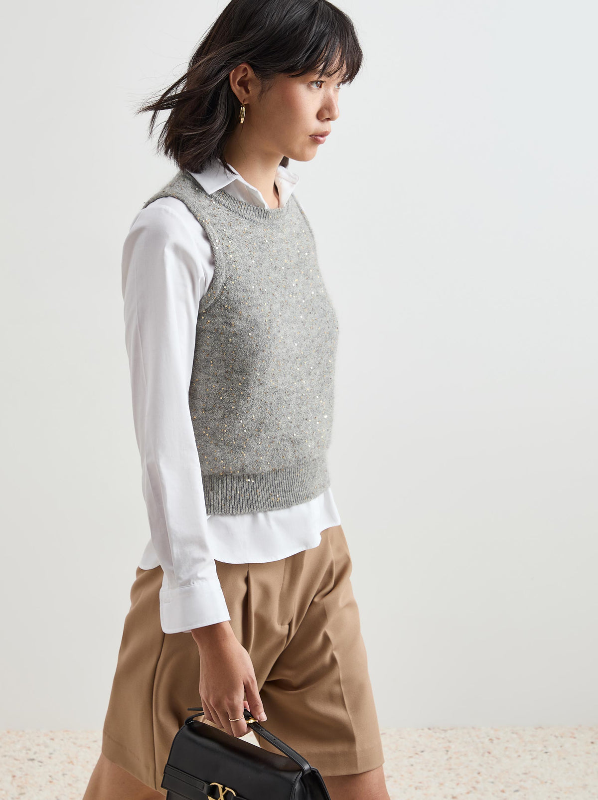 Colete de Malha Tricotada com Lantejoulas Douradas