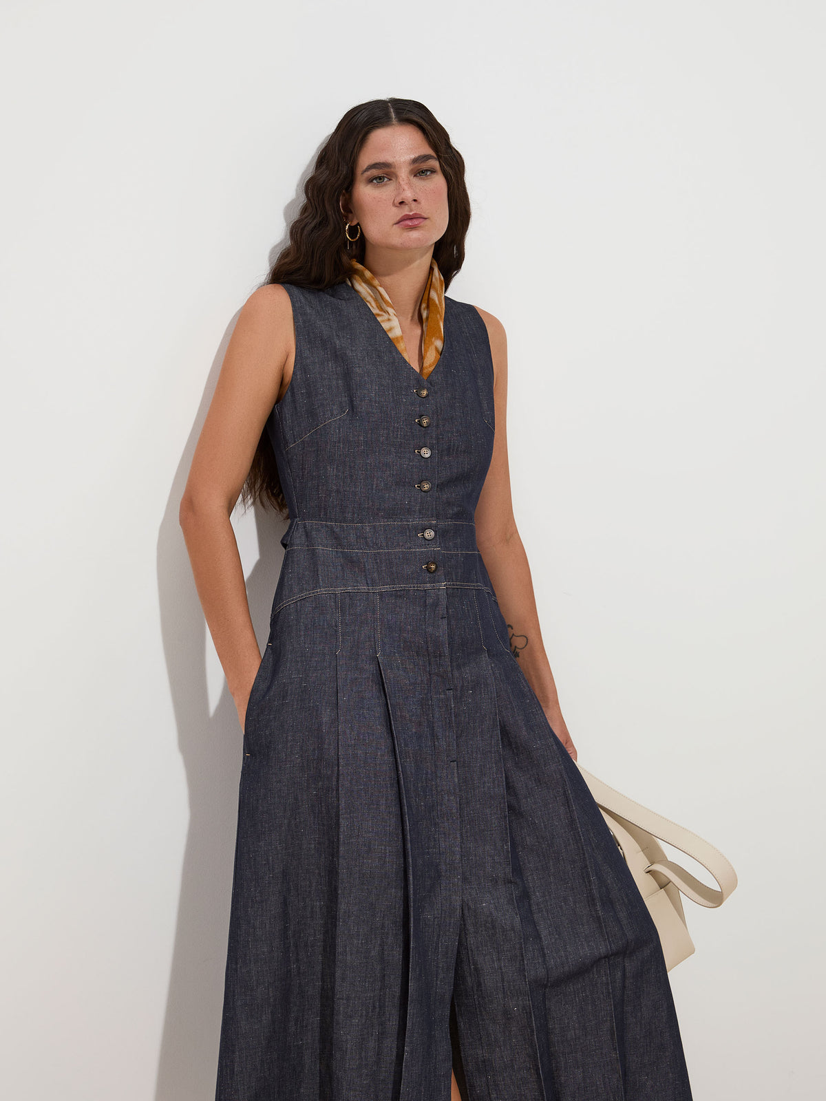 Vestido de ganga em algodão e linho