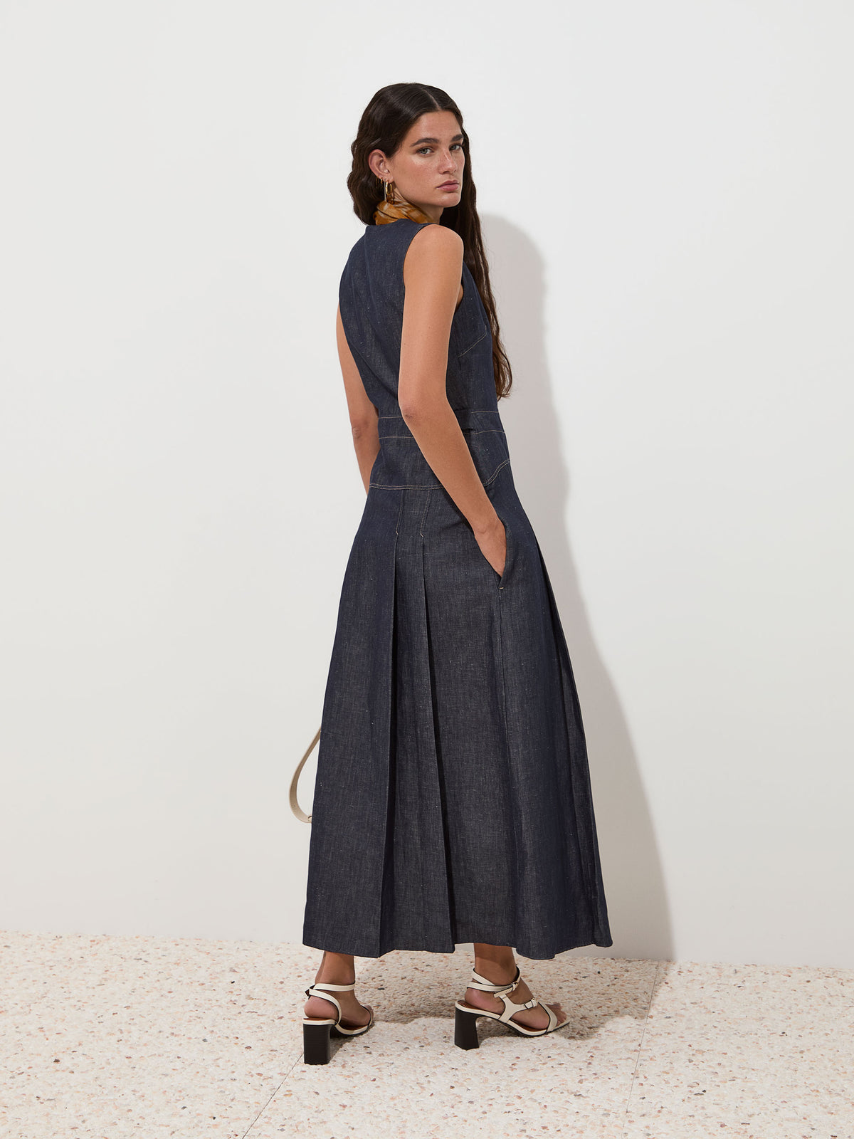 Vestido de ganga em algodão e linho